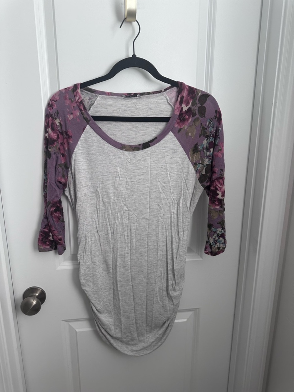 Maternity Lightweight Gray & Purple Floral Raglan Top